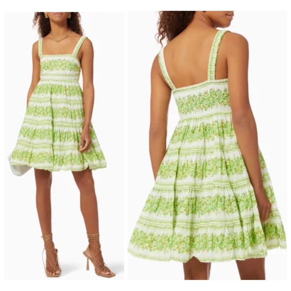 Alemais Jolene Dress Size 10 US 6 Green Floral Tiered Organic Cotton Mini Vacay - Picture 3 of 16